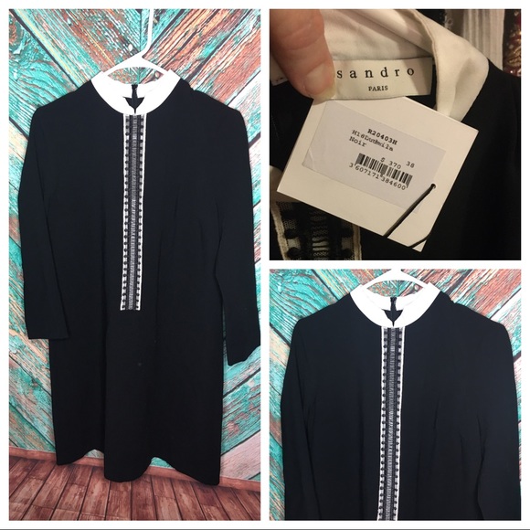 Sandro Ludmila Braid-Trimmed Black Shift Dress NWT - Picture 2 of 6